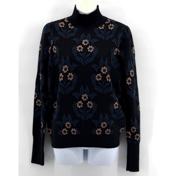 Ann Taylor Sweaters - Ann Taylor Floral Mock Neck Sweater Women Small Black Blue Metallic Knit Top